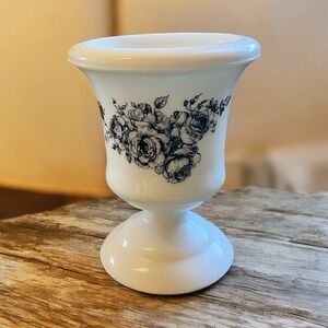 Small Elegant White Milk Glass Flower Urn w/Floral Transfer.